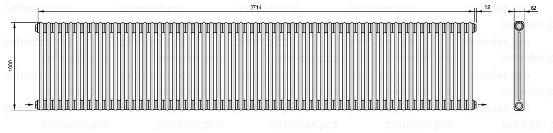 Схема (чертеж) Радиатор Zehnder Charleston 2100/59 №2670 Белый глянцевый RAL 9016